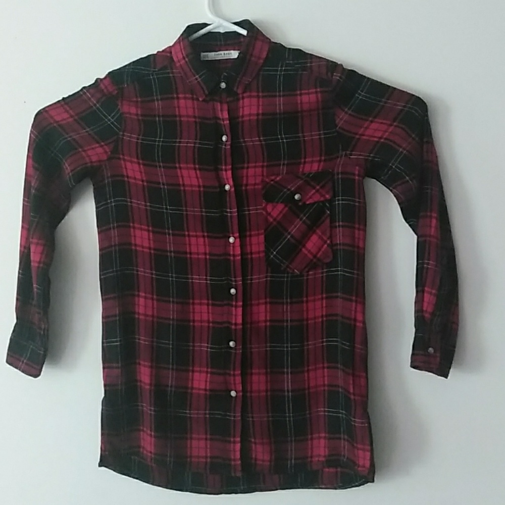 Zara Basic Plaid Tunic Top Shirt With Embroidery